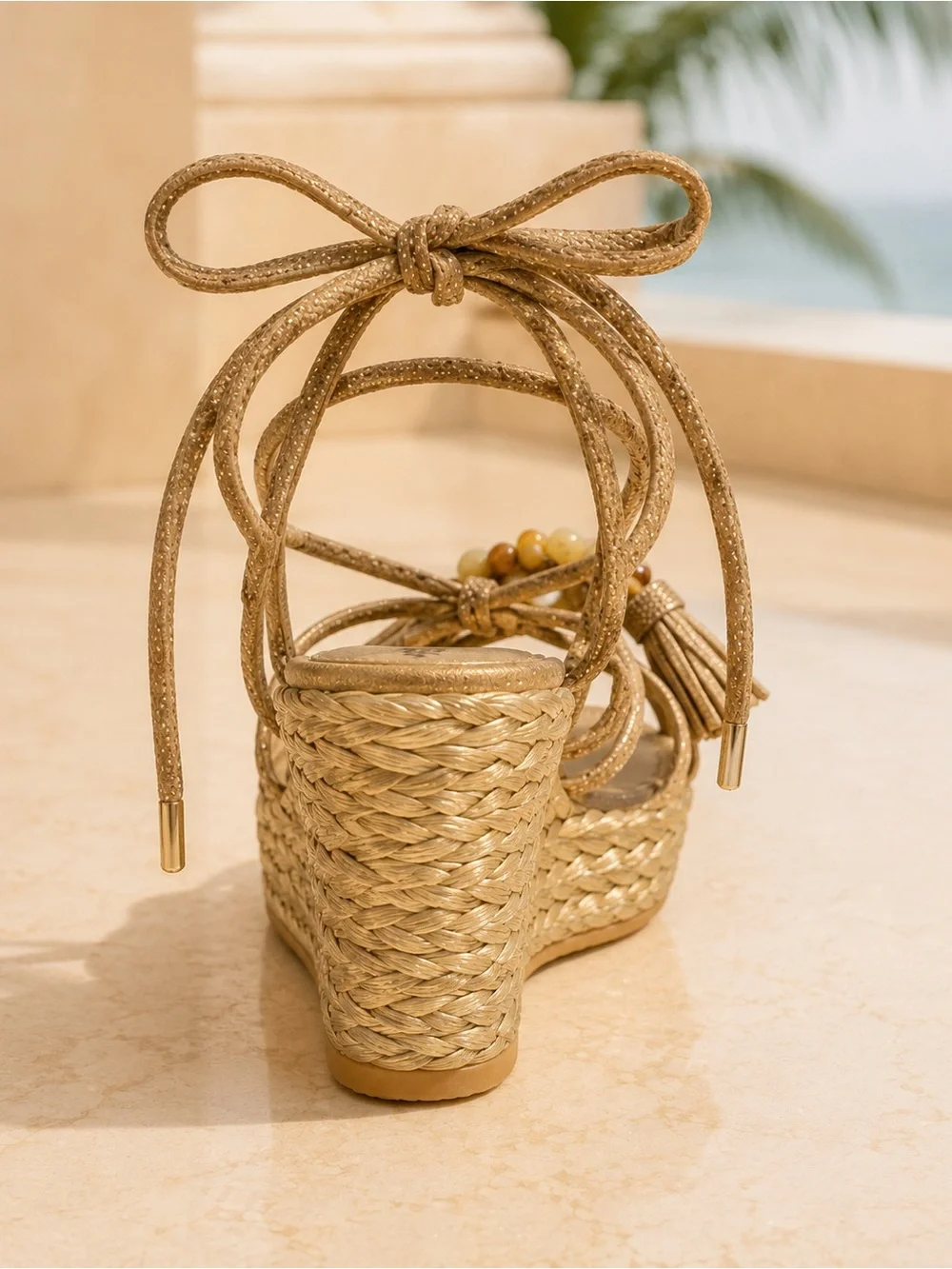 Stuart Weitzman Panache Gold Raffia Wedge Sandals Size 8 - Picture 6 of 10